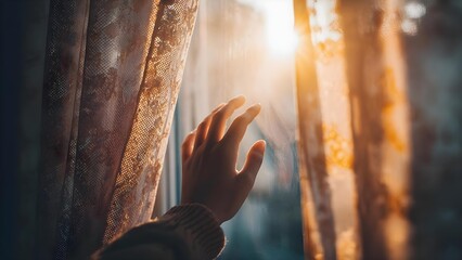 A hand reaching toward the sunlit window seen through delicate lace curtains. Concept Hand reaching toward sunlit window, Lace curtains and soft light, Intimate interior moment, Ethereal morning glow