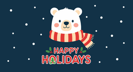 Fototapeta premium Cute polar bear wearing a scarf wishing happy holidays.