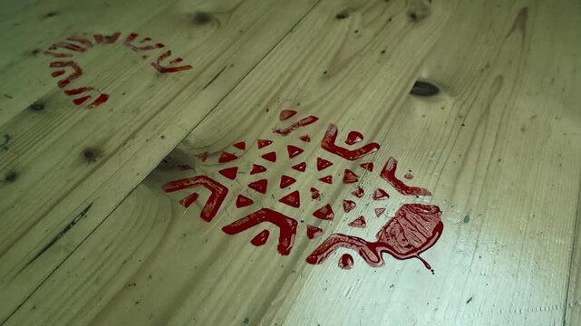 Closeup view circles around one bloody boot or shoe print left on a parquet wood floor in gloomy lit room. Tread footprint pattern is clearly visible, marking the trace of fleeing suspect, criminal