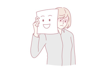 Changing mood for good concept. Young stressed angry woman cartoon character standing holding white paper with smile over face vector illustration