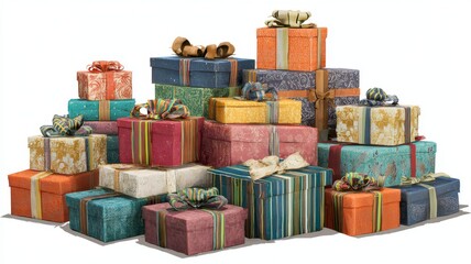 Festive pile of colorful christmas gift boxes with ribbons and bows, stacked for holiday celebration on transparent background