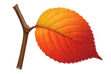 Vibrant autumn leaf on branch showing seasonal color gradient from yellow to red on transparent background