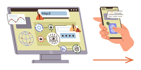 Computer screen with security threats, warning icons, and login fields linked to a smartphone with two-factor authentication. Ideal for security, identity, authentication, hacking, technology