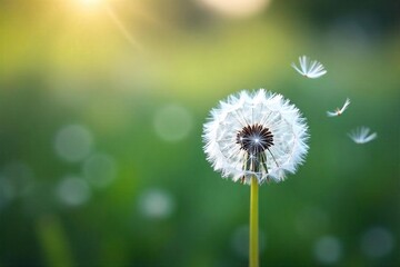 Ethereal Dandelion Seeds Floating on a Gentle Breeze, Soft White, Blurred Background, Spring Nature Photography