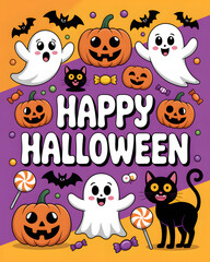 Spooky and cute halloween scene featuring ghosts pumpkins black cats and candy