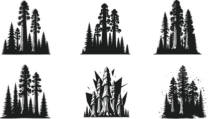 Vintage forest silhouette collection, pine tree and sequoia illustration set, black and white woodland landscape, nature logo design, adventure emblem, wilderness vector art print