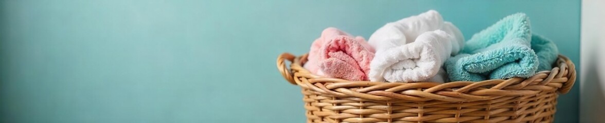 Overflowing Laundry Basket Freshly Washed Clothes and Towels Ready for Folding in a Rustic Setting.  Perfect for Home Organization and Cleaning Service Stock Photos.