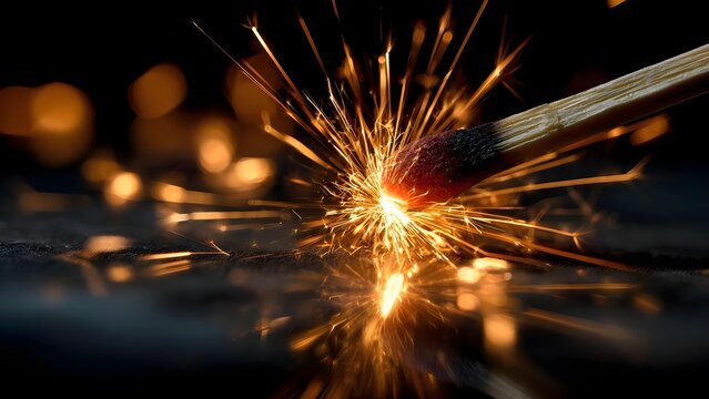 Close-up of a burning match striking, orange sparks flying as the head ignites, reflected on a dark surface. Concept Macro shot of a burning match, orange sparks flying, head ignites with glow