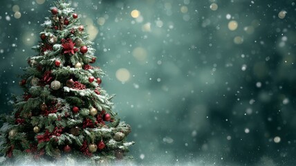 Large decorated christmas tree with colorful ornaments and mistletoe on a snowy green winter background, festive holiday scene with sparkling decorations and seasonal cheer