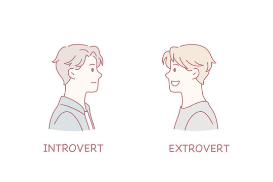 Being introvert or extrovert concept. Young serious boy introvert and smiling boy extrovert standing opposite each other with lettering vector illustration