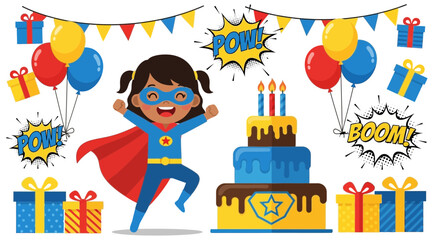 Enchanting superhero birthday celebration featuring a joyful girl and festive elements