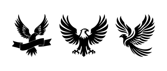 Majestic Eagle and Bird Silhouettes with Open Wings in Black Design