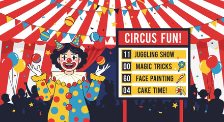 Whimsical circus event illustration featuring a happy clown and fun activities