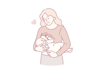 Happy motherhood and breastfeeding concept. Young happy loving smiling woman mother cartoon character standing holding her infant newborn baby breastfeeding vector illustration