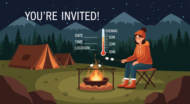 A Vibrant Camping Adventure Invitation Featuring Campfire and Marshmallow Toasting Scene