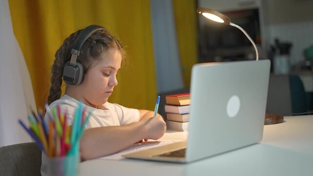 Child writes homework by laptop at desk. Headphones help kid during study. Girl learning education lessons. Focused student completes homework. Education setup for student with laptop and books - Powered by Adobe