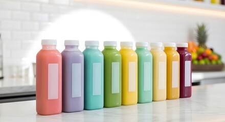 Colorful juice bottles symbolize a vibrant cleansing diet for healthy detox.