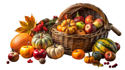 A basket full of autumn harvest fruits and vegetables isolated on transparent background