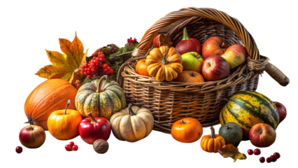 A basket full of autumn harvest fruits and vegetables isolated on transparent background
