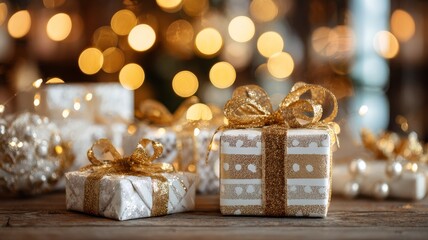 White and gold christmas presents on table with soft bokeh lights, festive holiday gift wrapping and seasonal decoration background.
