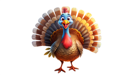 Cartoon turkey with colorful feathers isolated on transparent background