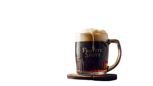 Frothy mug of dark beer isolated on transparent background, perfect for a toast