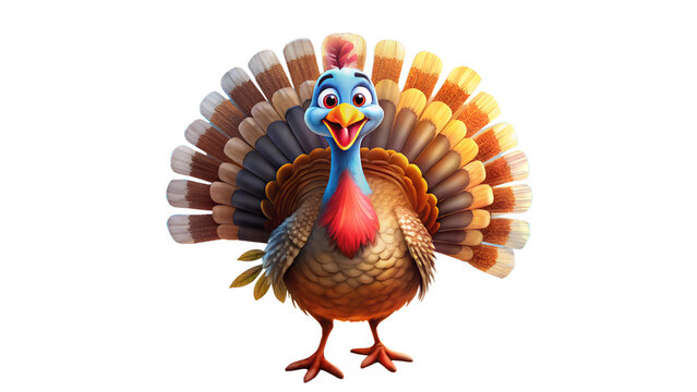 Cartoon turkey with colorful feathers isolated on transparent background