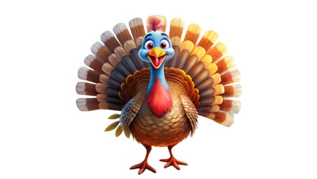 Cartoon turkey with colorful feathers isolated on transparent background - Powered by Adobe