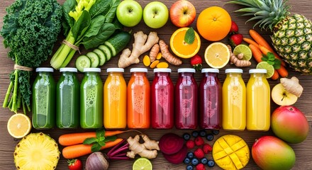 Colorful juices and fresh fruits symbolize detox and vitality in wellness programs.
