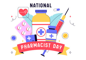 Naklejka premium National Pharmacists Day Vector Illustration Featuring a Doctor, Medicine, and Pills in a Healthcare Themed Flat Style Cartoon Background