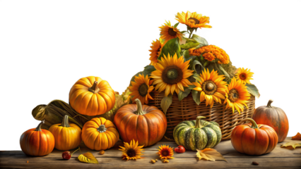 Autumn harvest display with pumpkins and sunflowers isolated on transparent background