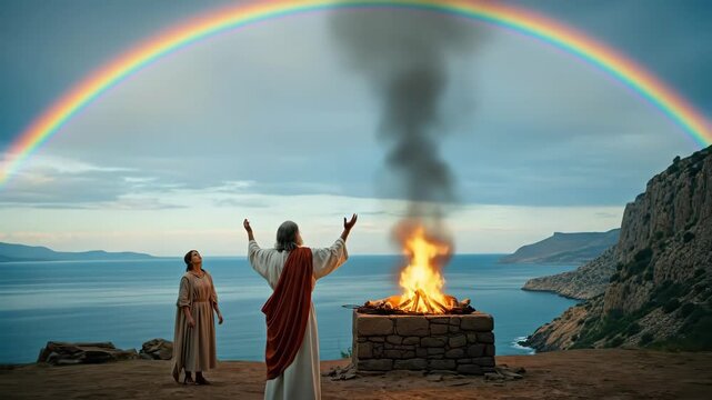 Man offers sacrifice on altar while woman observes under a rainbow, biblical story footage