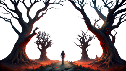 Silhouette of a person walking between trees in a dark forest landscape isolated on transparent background