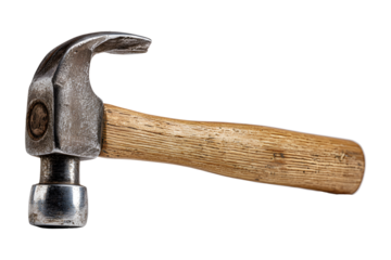 Vintage claw hammer with metal head and wooden handle, isolated on transparent background