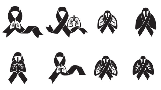 Pearl awareness ribbon forming negative-space lungs, bold black silhouette icon for lung cancer support, screening, prevention, and november campaigns - Powered by Adobe