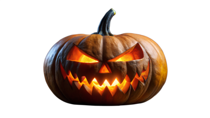 Glowing jackolantern isolated on transparent background with a menacing expression
