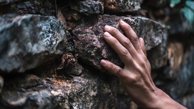 A hand pressing against a rough stone wall made of stacked rocks. Concept Rough stone wall texture, Hand pressed against stone, Close-up tactile detail, Rugged architectural texture