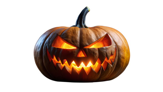 Glowing jackolantern isolated on transparent background with a menacing expression