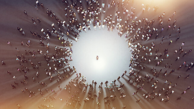 Large group of business people forming a circle around one person standing out from the crowd, leadership and individuality concept. 3d render