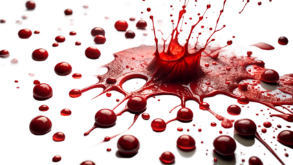 Dramatic blood splatter on transparent background with droplets and pools of red