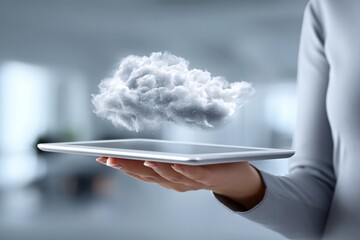 imagine businesswoman holding a tablet displaying an encrypted cloud icon, blurred office background, soft lighting, realistic stock style, corporate setting