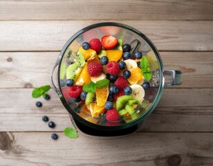 Fresh healthy fruit salad bowl, a bright vegetarian meal full of nutrition