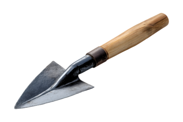 Rustic garden trowel with metal blade and wooden handle, isolated on transparent background