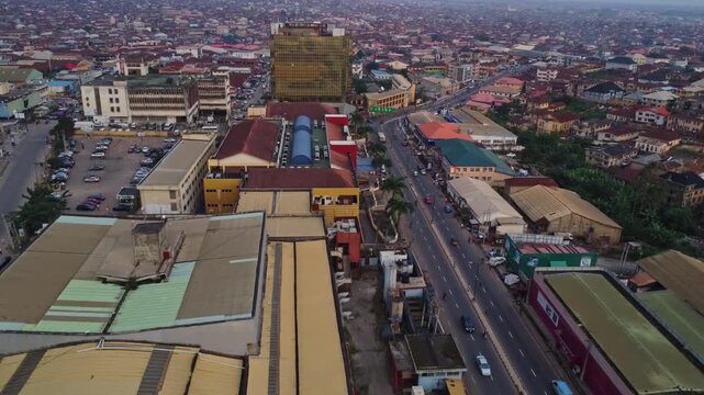 Aerial of the Dugbe commercial district in the city of Ibadan in Nigeria. The Femi Johnson golden skyscraper can be seen in the background