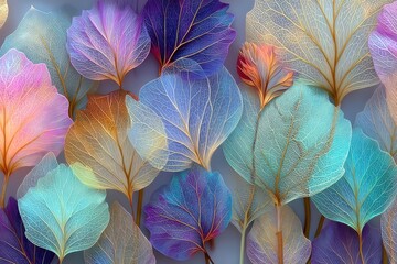Colorful translucent leaves create a vibrant seamless pattern with soft gradients and intricate veins design