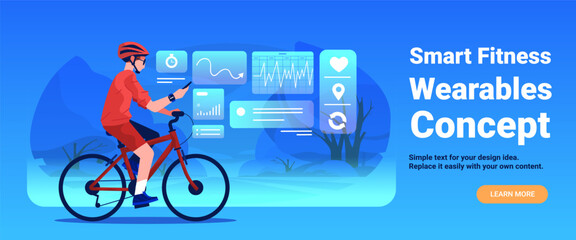 Cyclist smart fitness wearables data tracking technology futuristic interface outdoor activity blue background website banner