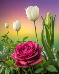 Obraz premium Pink rose and white tulips bloom in lush green foliage at sunrise serenity