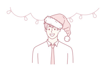 Portrait of smiling businessman in Santa Claus hat celebrate New Year. Happy man boss or employee have Christmas celebration or party. Winter holiday or vacation concept. Vector illustration.