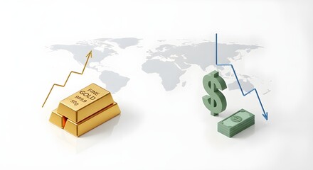 3D illustration of global economic concept showing rising gold prices and falling US dollar value.