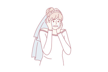 Abandoned bride, deception, betrayal concept. Young sad depressed crying woman wife or bride standing touching face feeling shocked and unhappy vector illustration